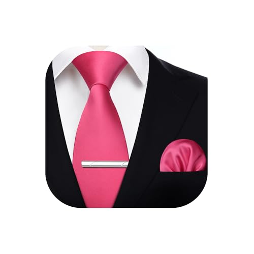 HISDERN Krawatte für Herren Koralle - Krawatte mit Einstecktuch Krawattenklammer Hochzeit Einfarbig Seide Krawatten und Taschentuch Set für Männer von HISDERN