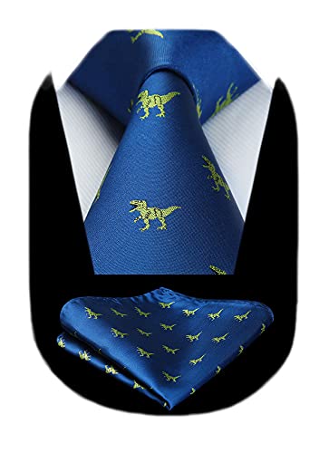 HISDERN Blau Krawatte für Herren Dinosaurier Hochzeit Taschentuch Business Klassisch Krawatte und Einstecktuch Set von HISDERN