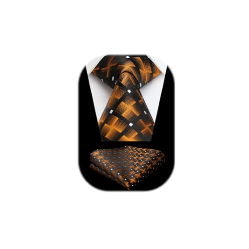 HISDERN Herren Krawatten mit Einstecktuch - Krawatte Orange und Taschentuch Set Elegante Klassisch Hochzeit Kariert Seidenkrawatte für Männer von HISDERN