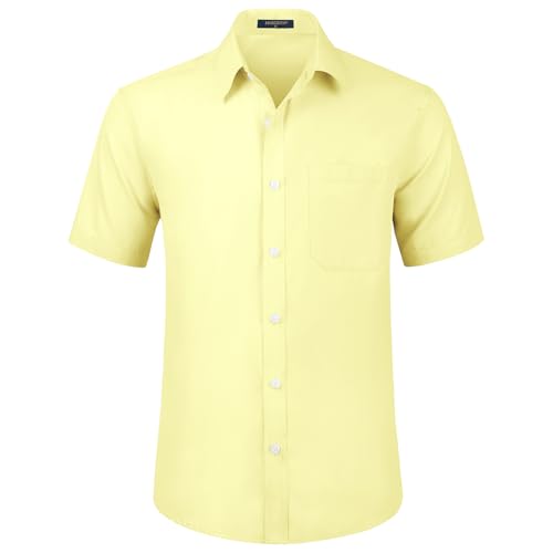HISDERN Herren Kurzarm Hemd Gelb Freizeithemd Regular Fit Businesshemd Bügelfreies Herrenhemd mit Brusttasche,XL von HISDERN