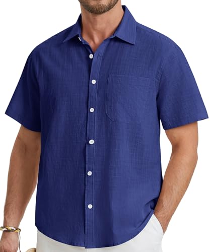 HISDERN Herren Leinenhemd Kurzarm Baumwolle Leinen Hemd Sommerhemd Freizeithemd Dunkelblau Shirts Regular Fit XL von HISDERN