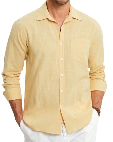 HISDERN Herren Leinenhemd Langarm Hemd Leinen Freizeithemd Regular Fit Casual Sommer Leinenshirt Beige 3XL von HISDERN