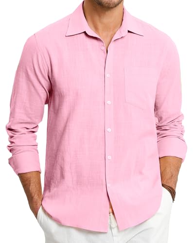 HISDERN Herren Leinenhemd Langarm Hemd Leinen Freizeithemd Regular Fit Sommer Leinenhemden Shirts Rosa XXL von HISDERN