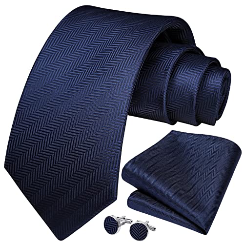 HISDERN Herren Navy blau Gestreifte Hochzeit Krawatte Einstecktuch KrawattenTaschentuch Manschettenknöpfe Set Geeigneter Hochzeit Fest von HISDERN