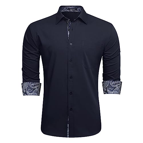 HISDERN Herren Navy blau Hemd Klassisch Freizeithemd Formelle Businesshemden Langarm Regular Fit Baumwolle Hemden Mit Taschen 3XL von HISDERN