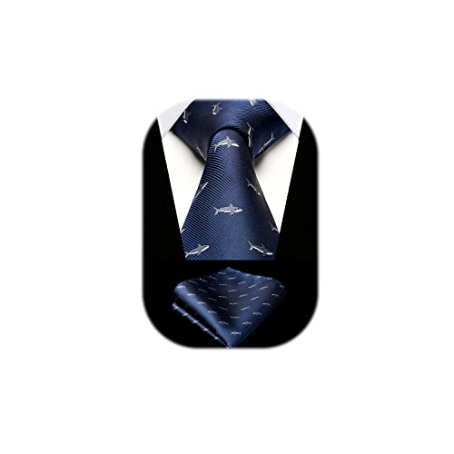 HISDERN Herren Navy blau Krawatten Haifisch Tiermuster Hochzeit Taschentuch Klassisch Business Krawatte und Einstecktuch Set von HISDERN