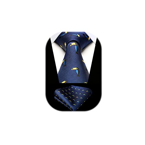 HISDERN Herren Navy blau Krawatten Tukan Tiermuster Hochzeit Taschentuch Klassisch Business Krawatte und Einstecktuch Set von HISDERN