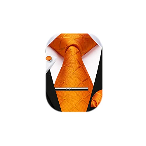 HISDERN Herren Hochzeit Orange Krawatten und Einstecktuch Krawatte Plaid Manschettenknöpfe-Krawattenklammer-Set von HISDERN