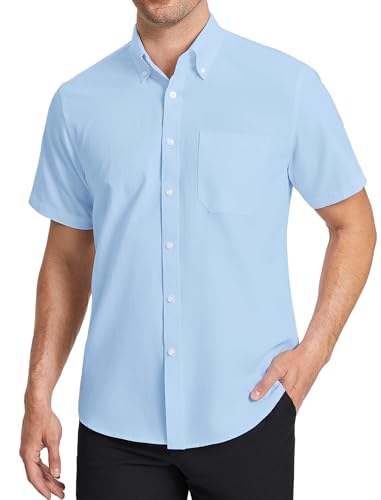 HISDERN Herren Oxford Hemden Kurzarm Bügelfrei Baumwolle Hellblau Kleiderhemd Business Herren Button Down Hemd Regular Fit Sommerhemd mit Tasche, 3XL von HISDERN