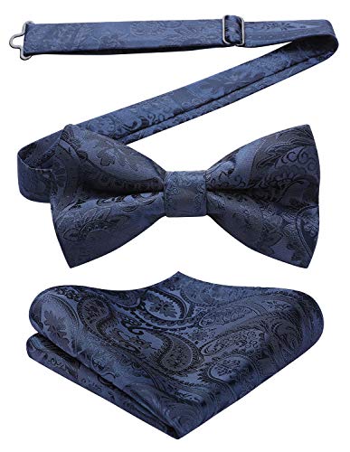 HISDERN Marineblaue Fliegen für Herren Paisley Vorgebundene Einfarbige Fliege und Einstecktuch Set für Hochzeit Karneval Party Fasching von HISDERN