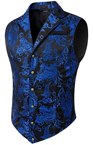 HISDERN Herren Paisley Formelle Weste Blau Bedruckt Gothic Steampunk Vintage Revers Weste Glänzend Hochzeit Party Weste für Anzug oder Smoking, (Schwarz/Blau, 3XL) von HISDERN