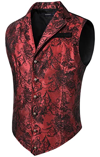 HISDERN Herren Paisley Formelle Weste Burgund Bedruckt Gothic Steampunk Vintage Revers Weste Glänzend Hochzeit Party Weste für Anzug oder Smoking, (Burgund, 2XL) von HISDERN