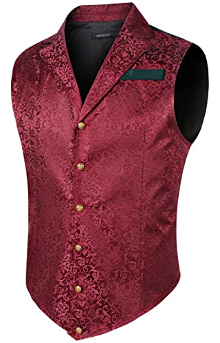 HISDERN Herren Paisley Formelle Weste Burgund Bedruckt Gothic Steampunk Vintage Revers Weste für Hochzeit Party Smoking, (Burgund-2, XL) von HISDERN
