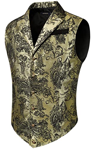 HISDERN Herren Paisley Formelle Weste Gold Bedruckt Gothic Steampunk Vintage Revers Weste Glänzend Hochzeit Party Weste für Anzug oder Smoking, (Gold/Schwarz, 4XL) von HISDERN