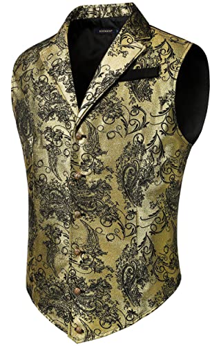 HISDERN Herren Paisley Formelle Weste Gold Bedruckt Gothic Steampunk Vintage Revers Weste Glänzend Hochzeit Party Weste für Anzug oder Smoking, (Gold/Schwarz-2, 3XL) von HISDERN