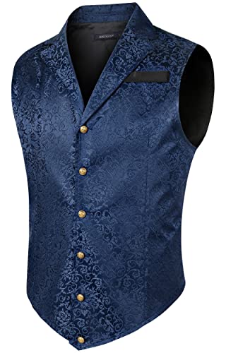 HISDERN Herren Paisley Formelle Weste Navy Blau Bedruckt Gothic Steampunk Vintage Revers Weste Glänzend Hochzeit Party Weste für Anzug oder Smoking, (Navy Blau, S) von HISDERN