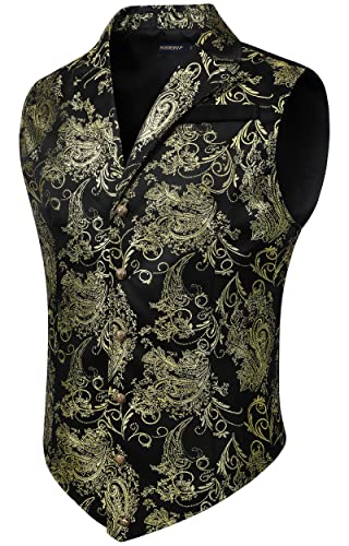 HISDERN Herren Paisley Formelle Weste Schwarz Bedruckt Gothic Steampunk Vintage Revers Weste Glänzend Hochzeit Party Weste für Anzug oder Smoking, (Schwarz/Gold, 2XL) von HISDERN