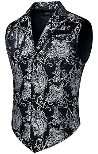 HISDERN Herren Paisley Formelle Weste Schwarz Bedruckt Gothic Steampunk Vintage Revers Weste Glänzend Hochzeit Party Weste für Anzug oder Smoking, (Schwarz/Splitter, S) von HISDERN