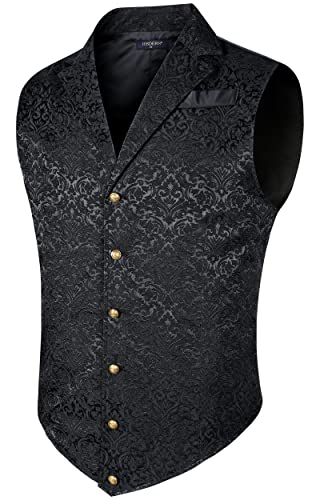 HISDERN Herren Paisley Formelle Weste Schwarz Bedruckt Gothic Steampunk Vintage Revers Weste Glänzend Hochzeit Party Weste für Anzug oder Smoking, (Schwarz-2, 2XL) von HISDERN