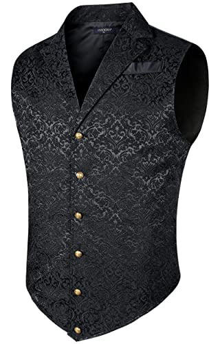 HISDERN Herren Paisley Formelle Weste Schwarz Bedruckt Gothic Steampunk Vintage Revers Weste für Hochzeit Party Smoking, (Schwarz-2, 2XL) von HISDERN