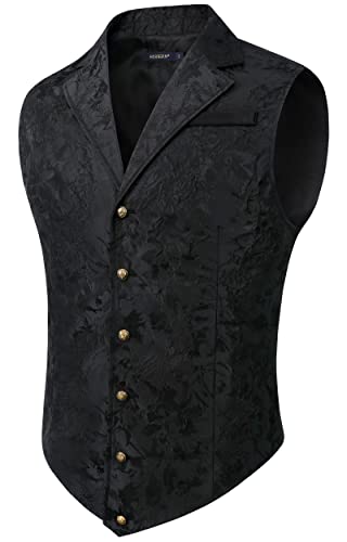 HISDERN Herren Paisley Formelle Weste Schwarz Bedruckt Gothic Steampunk Vintage Revers Weste Glänzend Hochzeit Party Weste für Anzug oder Smoking (Schwarz, M) von HISDERN