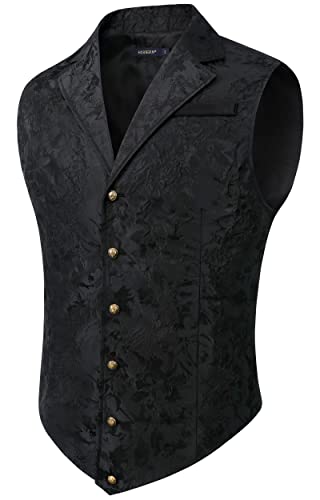 HISDERN Herren Paisley Formelle Weste Schwarz Bedruckt Gothic Steampunk Vintage Revers Weste für Hochzeit Party Smoking (Schwarz, 4XL) von HISDERN