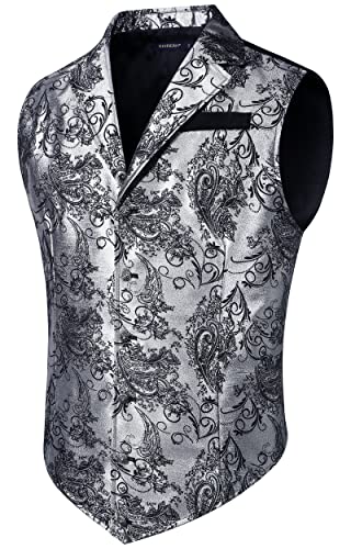 HISDERN Herren Paisley Formelle Weste Splitter Bedruckt Gothic Steampunk Vintage Revers Weste Glänzend Hochzeit Party Weste für Anzug oder Smoking, (Silber/Schwarz, 2XL) von HISDERN