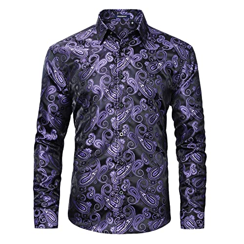 HISDERN Herren Paisley Hemd Langarm Jacquard Seidenhemd für Männer Regular Fit Violett Stickerei Freizeithemd L von HISDERN