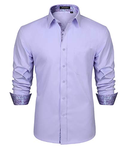 HISDERN Herren Lila Hemden Inner Contrast Floral Langarm Casual Formal Classic Button-Down-Kragen Business-Hemd von HISDERN