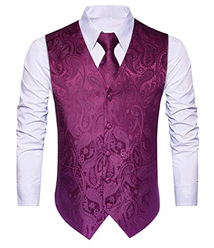 HISDERN Herren Paisley Hochzeit Weste Krawatte Einstecktuch Taschentuch Jacquard Weste Anzug Set Splitter Lila von HISDERN