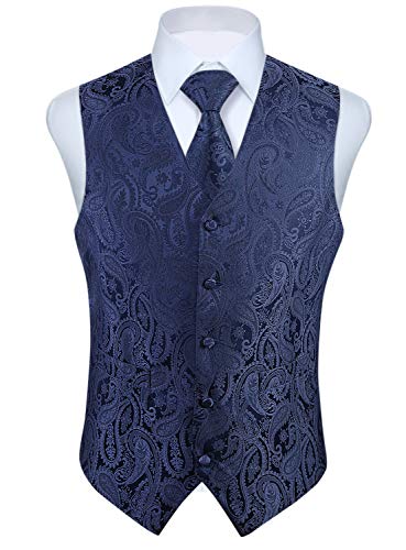 HISDERN Herren Paisley Hochzeit Weste Krawatte Einstecktuch Taschentuch Jacquard Weste Anzug Set Splitter Marineblau von HISDERN