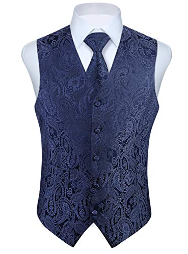 HISDERN Anzugweste für Herren Marineblau Paisley Hochzeit Weste Krawatte Einstecktuch Jacquard Weste Herren Anzug Set Elegant Blau 2XL von HISDERN