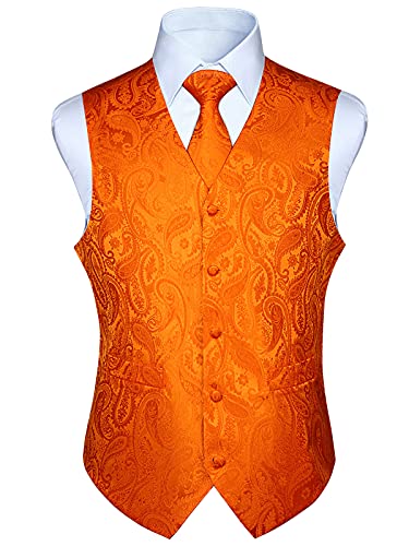 HISDERN Herren Paisley Hochzeit Weste Krawatte Einstecktuch Taschentuch Jacquard Weste Anzug Set Splitter Orange von HISDERN