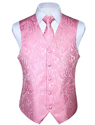 HISDERN Anzugweste für Herren Rosa Paisley Hochzeitweste Krawatte Einstecktuch Taschentuch Jacquard Weste Herren Anzug Set Elegant Pink 5XL von HISDERN