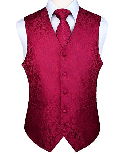 HISDERN Anzugweste für Herren Burgund Paisley Hochzeit Weste und Krawatte und Einstecktuch Jacquard Weste Herren Anzug Set Elegant Weinrot 3XL von HISDERN