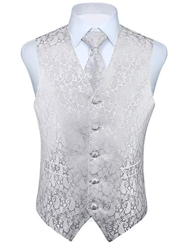 HISDERN Anzugweste für Herren Weiß Paisley Hochzeit Weste Krawatte Einstecktuch Jacquard Weste Herren Anzug Set Elegant Party Silber M von HISDERN
