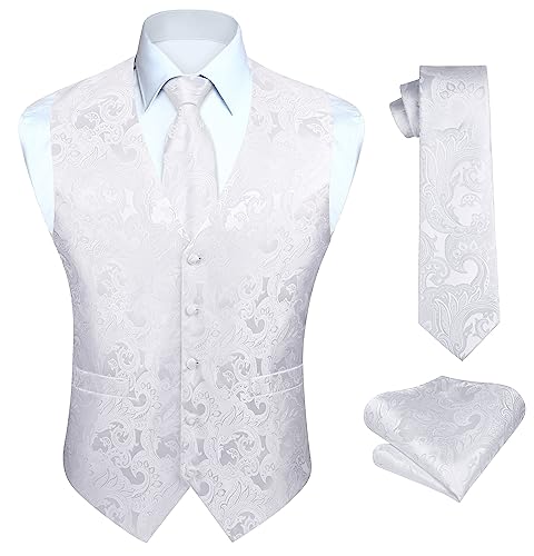 HISDERN Herren Paisley Hochzeit Weste Weiß Jacquard Westen Krawatte Einstecktuch Taschentuch Weste Anzug Set Floral Anzugwesten für Herren L von HISDERN