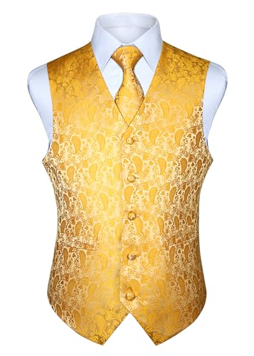HISDERN Anzugweste für Herren Gelb Paisley Hochzeitweste Krawatte Einstecktuch Taschentuch Jacquard Weste Herren Anzug Set Elegant L von HISDERN