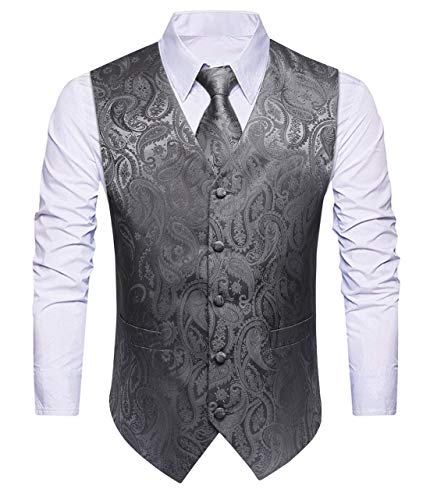 HISDERN Anzugweste für Herren Paisley Hochzeitsweste Krawatte Einstecktuch Taschentuch Jacquard Weste Herren Anzug Set Elegant Grau XS von HISDERN
