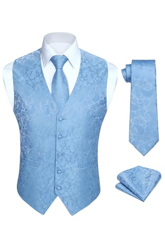 HISDERN Anzugweste für Herren Hellblau Paisley Hochzeitweste und Krawatte und Einstecktuch Jacquard Weste Herren Anzug Set Elegant Blau S von HISDERN