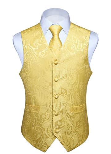 HISDERN Herren Paisley Hochzeitsweste Krawatte Einstecktuch Taschentuch Jacquard Weste Anzug Set Splitter Hellgelb von HISDERN