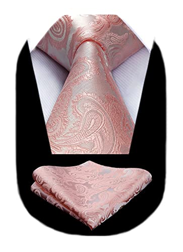 HISDERN Herren Krawatte Rosa Paisley Krawatte mit Einstecktuch Set Hochzeit Blumen Jacquard Krawatten Taschentuch Einfarbig von HISDERN