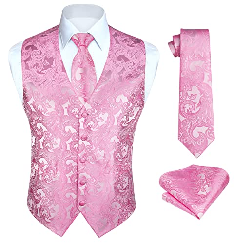 HISDERN Herren Paisley Rosa Weste Floral Jacquard Krawatte Einstecktuch Einstecktuch Hochzeit Party Business Fit Weste Anzug Set XXL von HISDERN