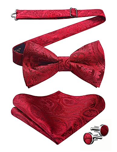 HISDERN Herren Paisley Rot Fliege und Einstecktuch mit Manschettenknöpfe Set Verstellbare Vorgebundene Fliege für Hochzeit Anzug Smoking von HISDERN