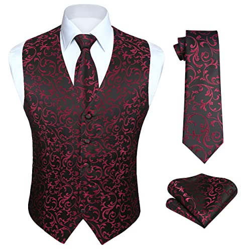 HISDERN Herren Paisley Weste Floral Jacquard Krawatte Einstecktuch Einstecktuch Hochzeitsfeier Business Fit Weste Anzug Set,2XL,Schwarz & Rot-N von HISDERN