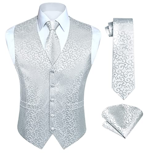HISDERN Herren Paisley Weste Floral Jacquard Krawatte Einstecktuch Einstecktuch Hochzeitsfeier Business Fit Weste Anzug Set,S,Weiß-N von HISDERN