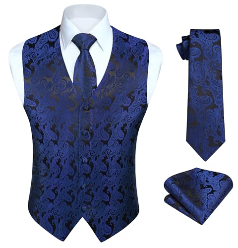 HISDERN Herren Paisley Weste Navy Blu Floral Jacquard Krawatte Einstecktuch Einstecktuch Hochzeitsfeier Business Fit Weste Anzug Set,3XL,Marineblau & Schwarz-N von HISDERN