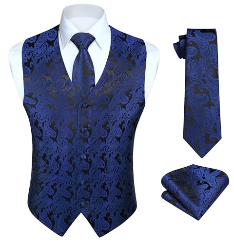 HISDERN Herren Paisley Weste Navy Blu Floral Jacquard Krawatte Einstecktuch Einstecktuch Hochzeitsfeier Business Fit Weste Anzug Set,L,Marineblau & Schwarz-N von HISDERN