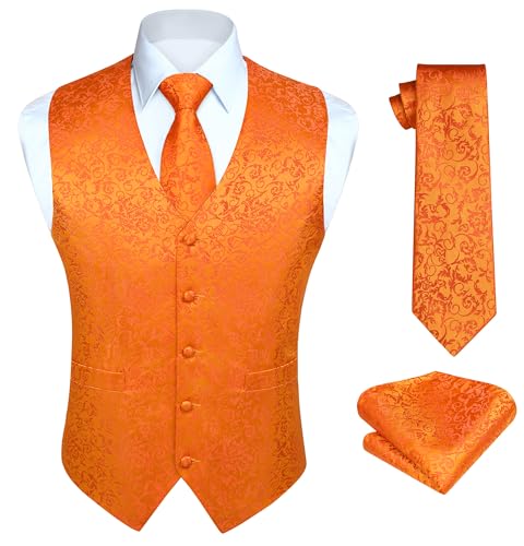 HISDERN Herren Paisley Weste Orange Floral Jacquard Krawatte Einstecktuch Einstecktuch Hochzeitsfeier Business Fit Weste Anzug Set,2XL,Orange-N von HISDERN