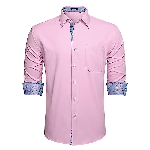 HISDERN Männer Rosa Hemd Langarm Button-down-klassischer Kragen beiläufige Formale Party-Abschlussball-Konzert-Hochzeit Freizeithemd mit Taschen von HISDERN